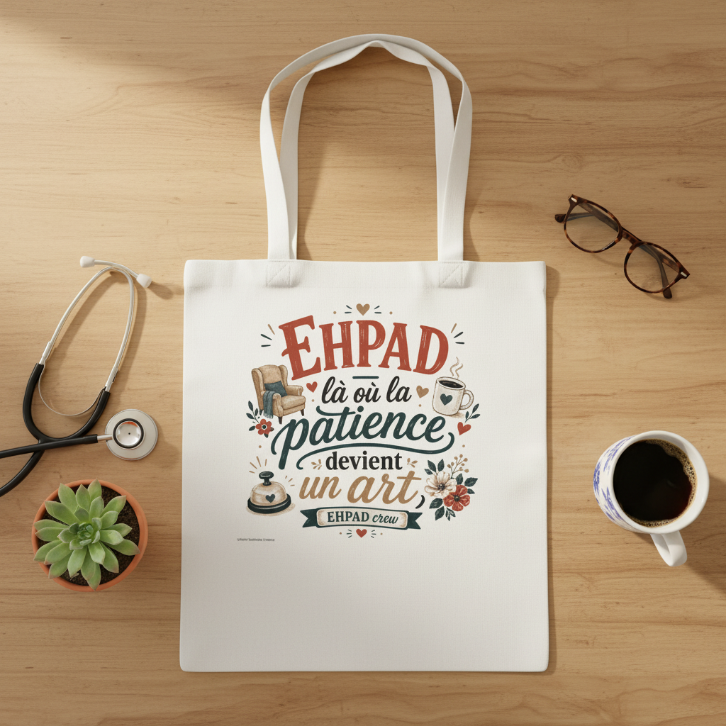 Tote bag blanc rectangulaire avec anses et visuel EHPAD « la patience devient un art »