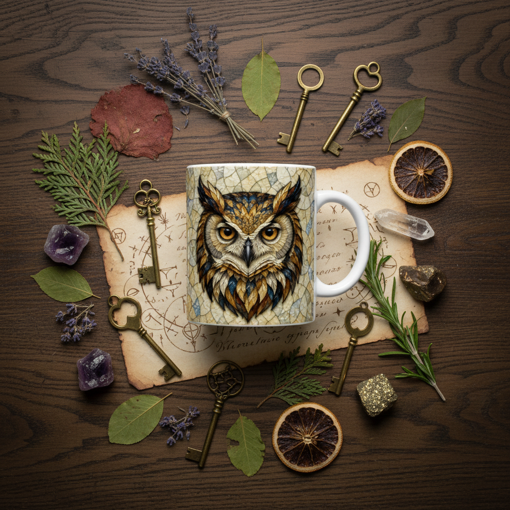 Flat lay apothicaire mug hibou de face