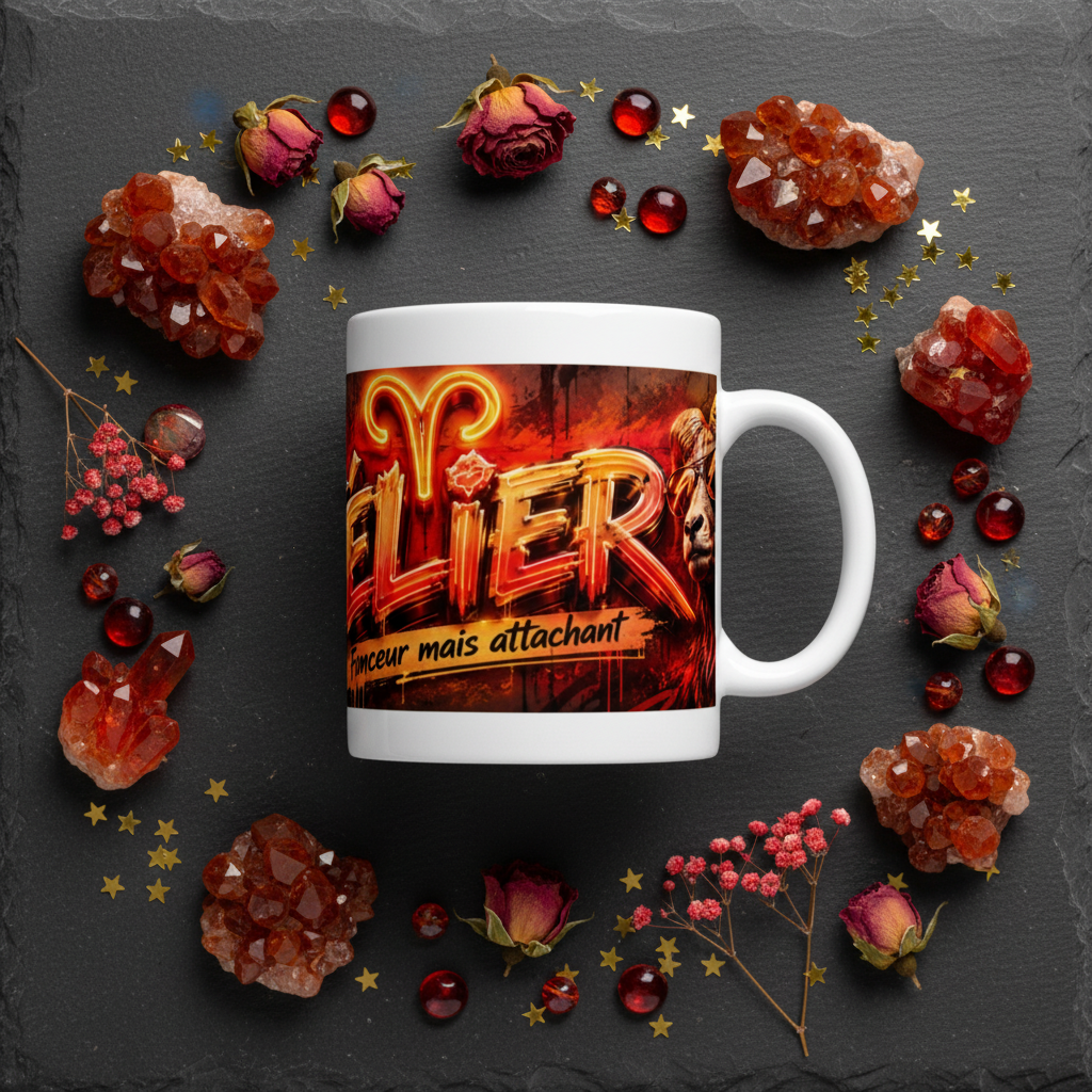Mug blanc avec visuel rouge et lettres « LIER », anse à droite
