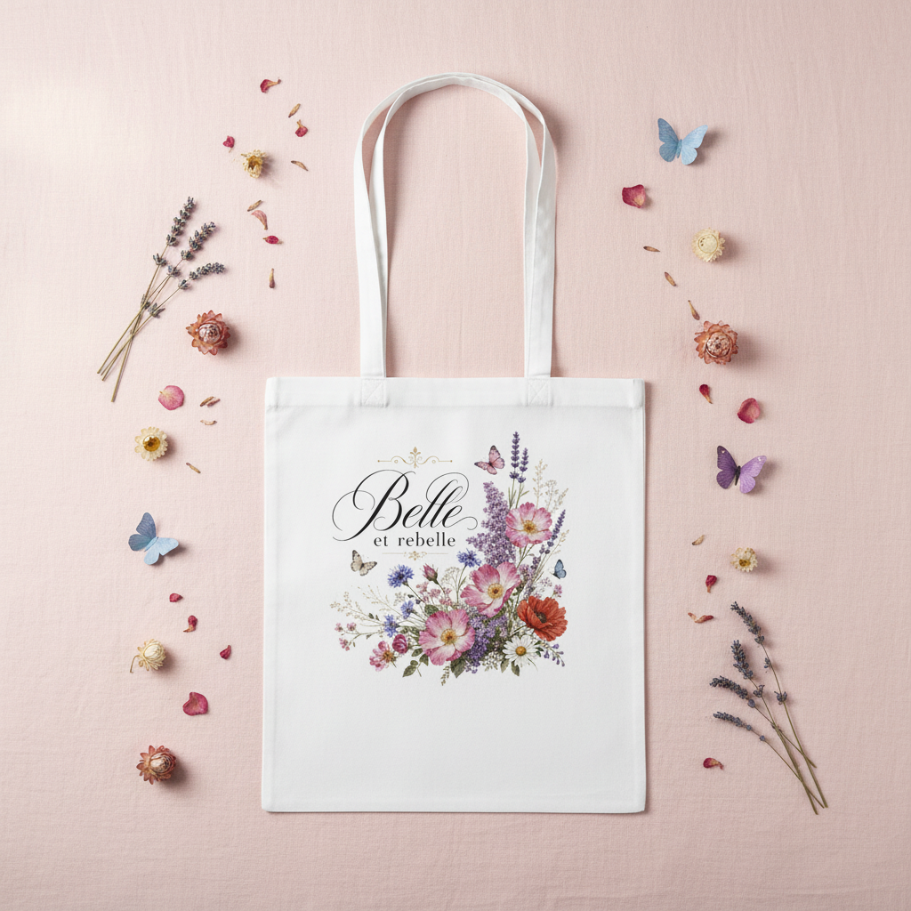Tote bag blanc avec bouquet de fleurs, inscription « Belle et rebelle »