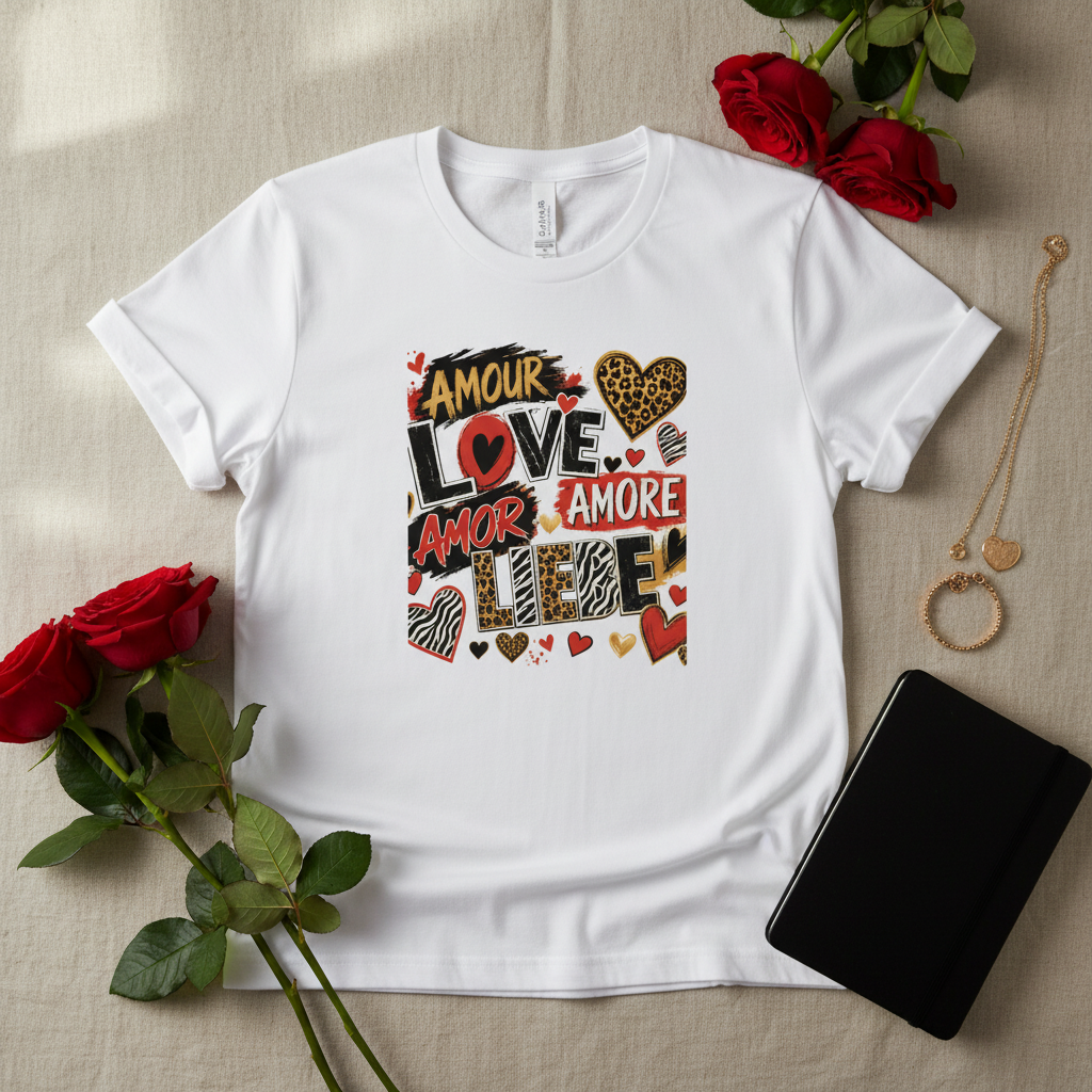 T-shirt unisexe blanc à imprimé graffiti cœurs et mots Love/Amour