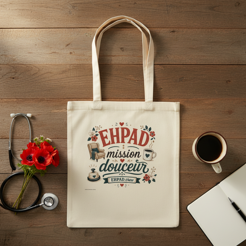 Tote bag beige avec anses et grand logo « EHPAD mission douceur ».