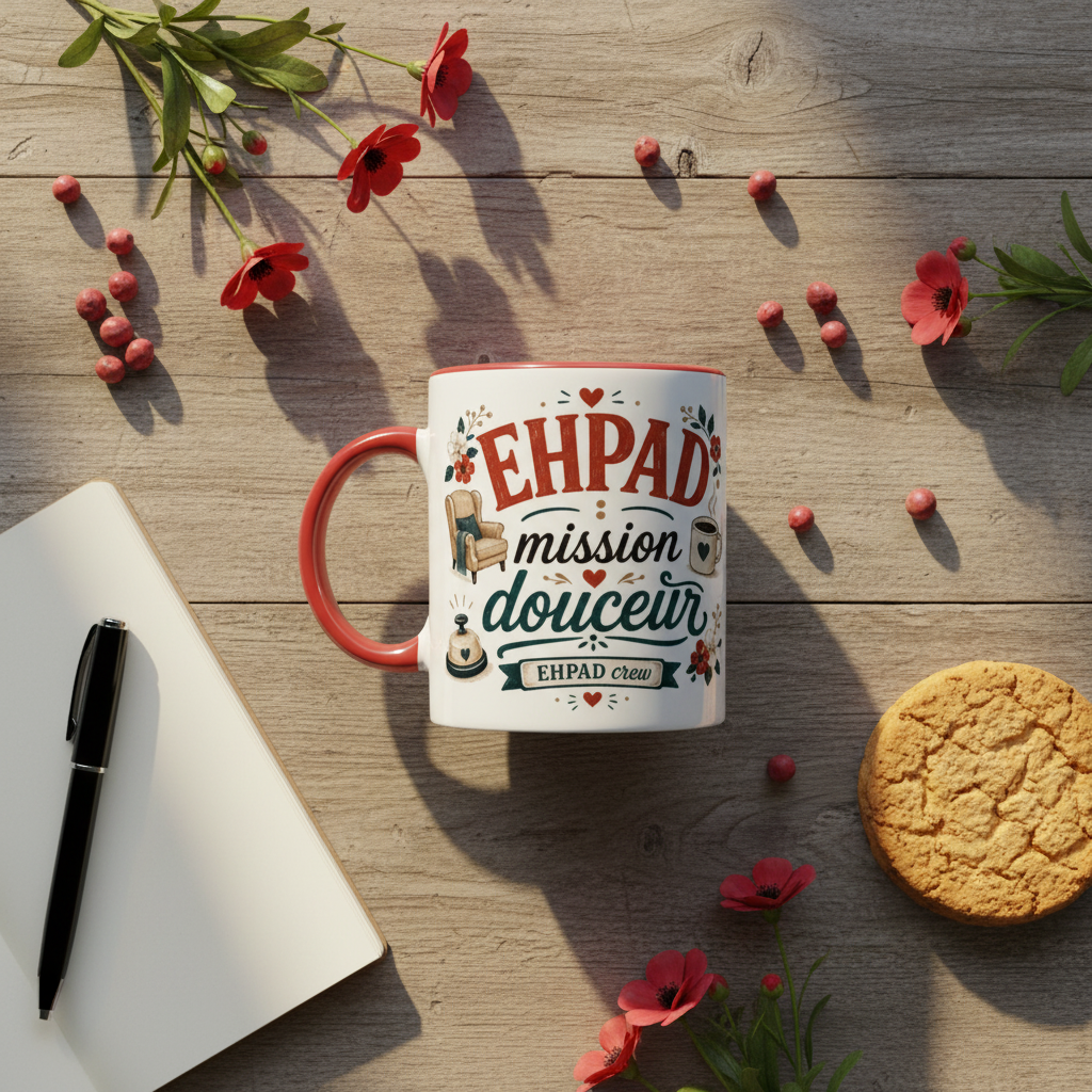 Mug blanc à anse rouge avec inscription « EHPAD mission douceur ».