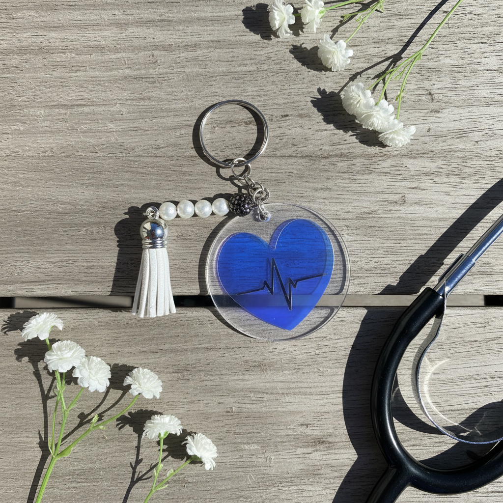 Porte-clés cœur bleu irisé ECG, pompon blanc et perles, anneau argenté.