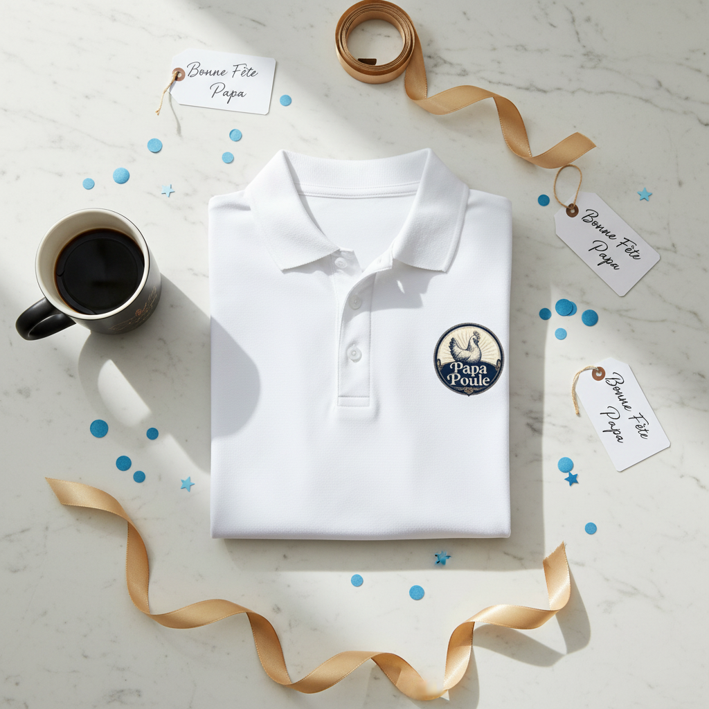 Polo blanc plié, col classique et patte boutonnée, écusson Papa Poule