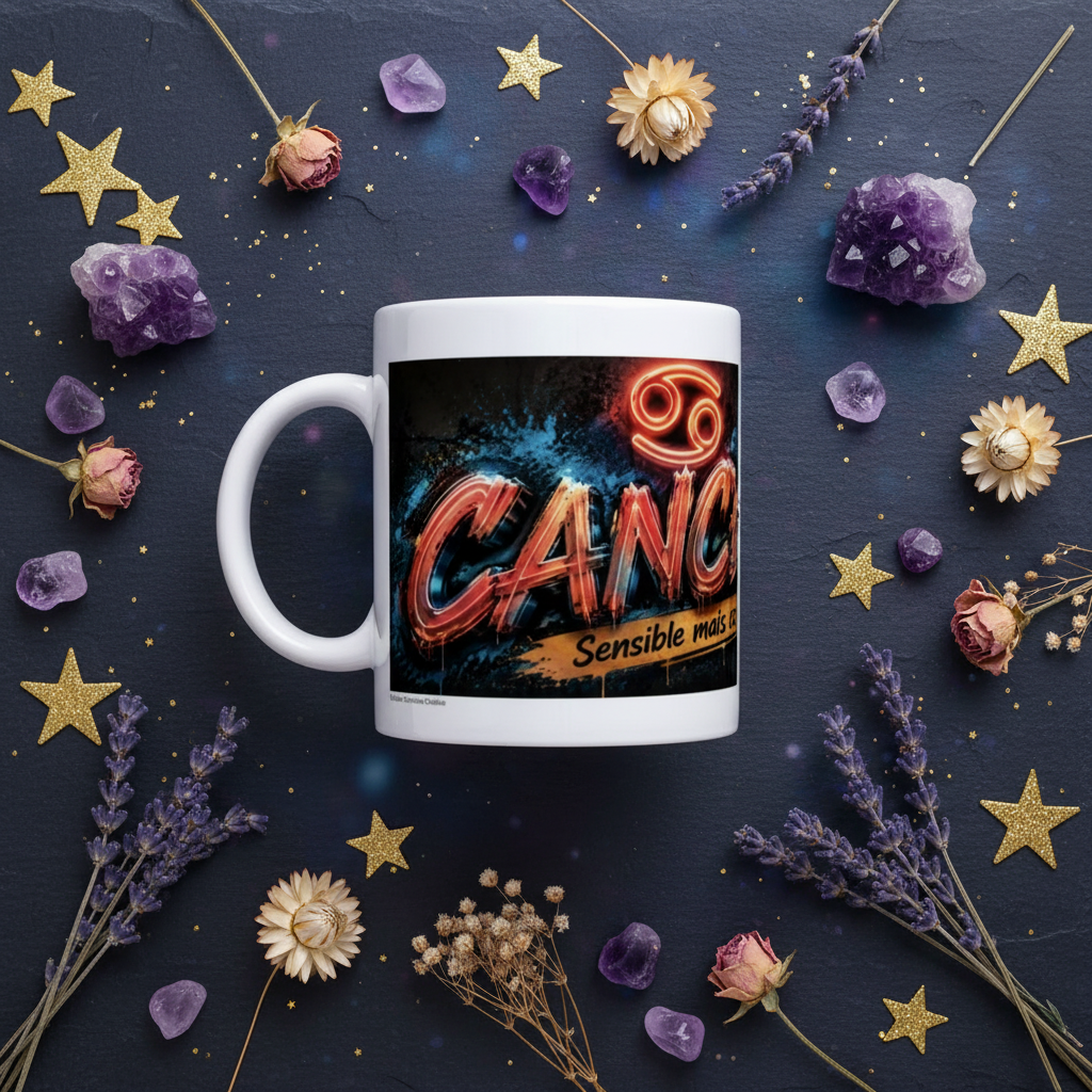 Mug blanc vue de face, grand lettrage CANCER et « Sensible mais coriace »