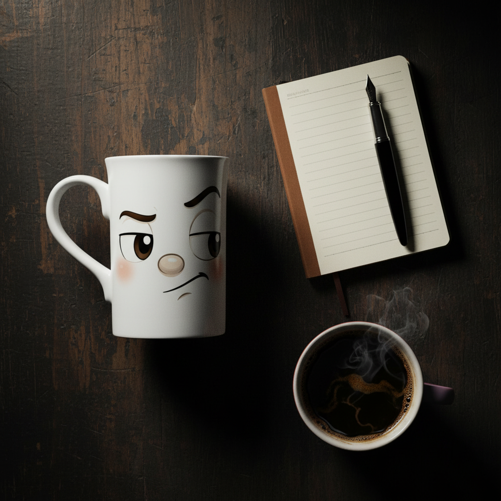 Mug blanc en céramique avec visage kawaii et joues rosées, posé sur une surface.