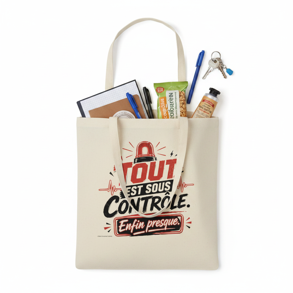 Sac cabas en toile crème avec anses, motif « Tout est sous contrôle » visible.