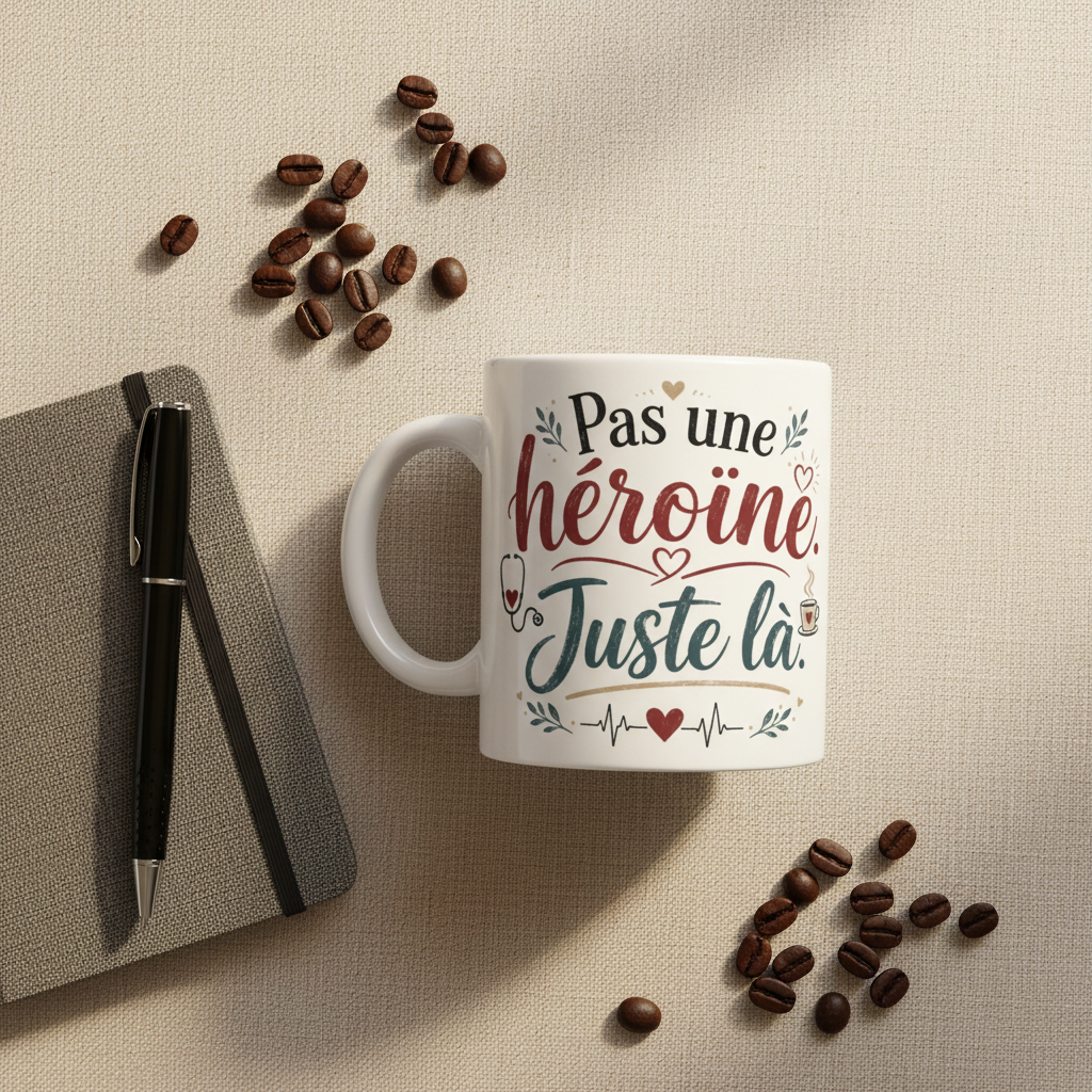Tasse blanche « Pas une héroïne. Juste là » posée, avec grains de café.