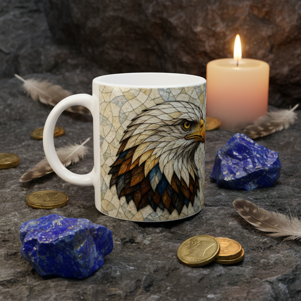 Flat lay cristaux mug aigle de profil anse gauche