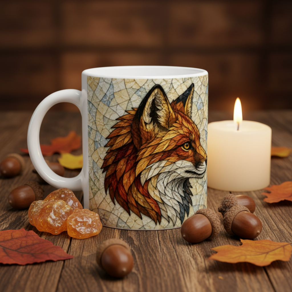 Flat lay cristaux mug renard de profil