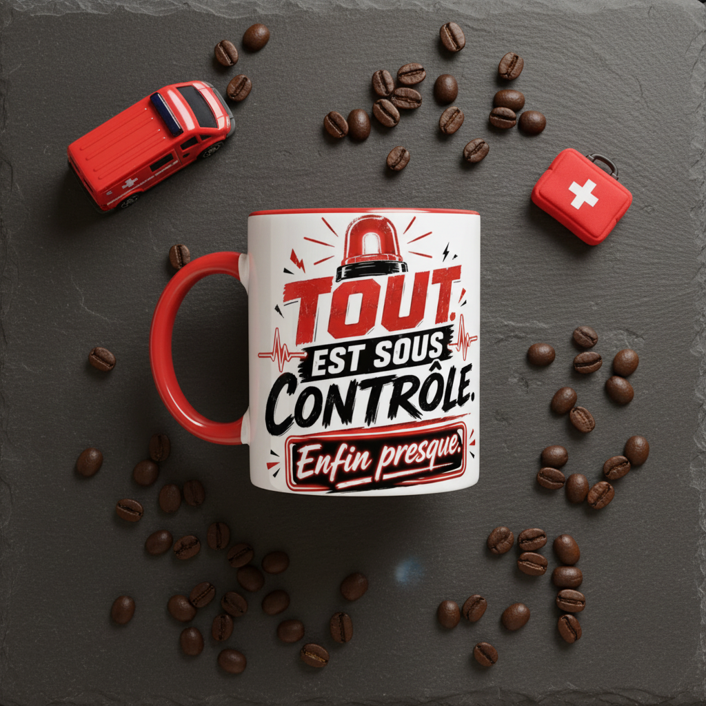 Mug blanc à poignée rouge, design « Tout est sous contrôle ».