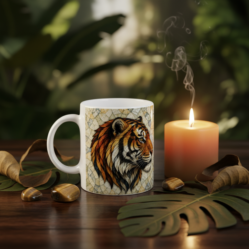 Flat lay exotique mug tigre de profil anse gauche