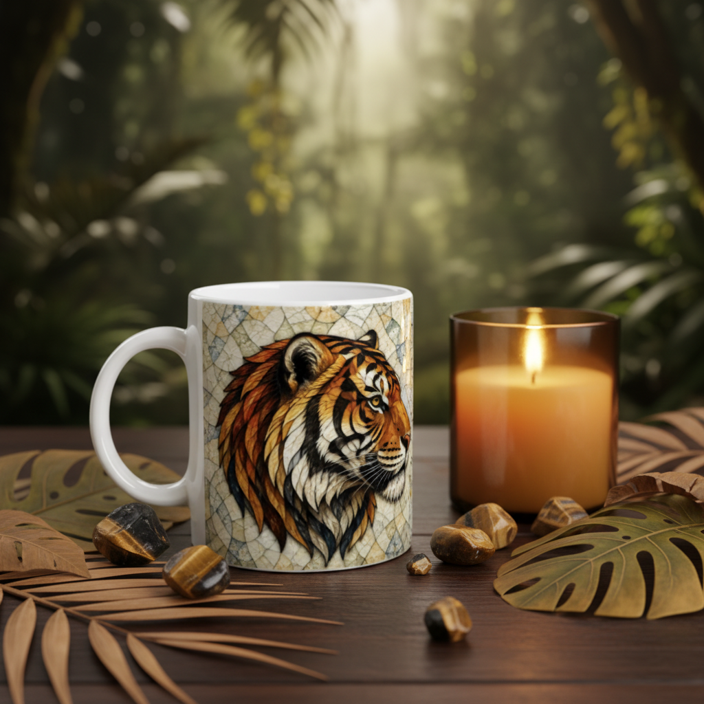Flat lay exotique mug tigre de profil