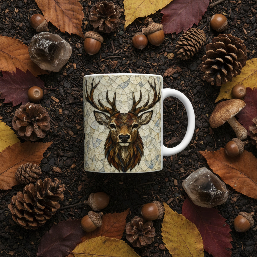 Flat lay forêt mug cerf de face