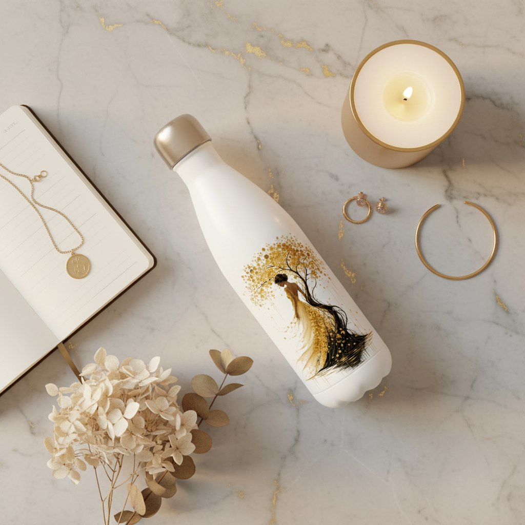 Bouteille isotherme blanche avec bouchon doré et illustration d’arbre doré