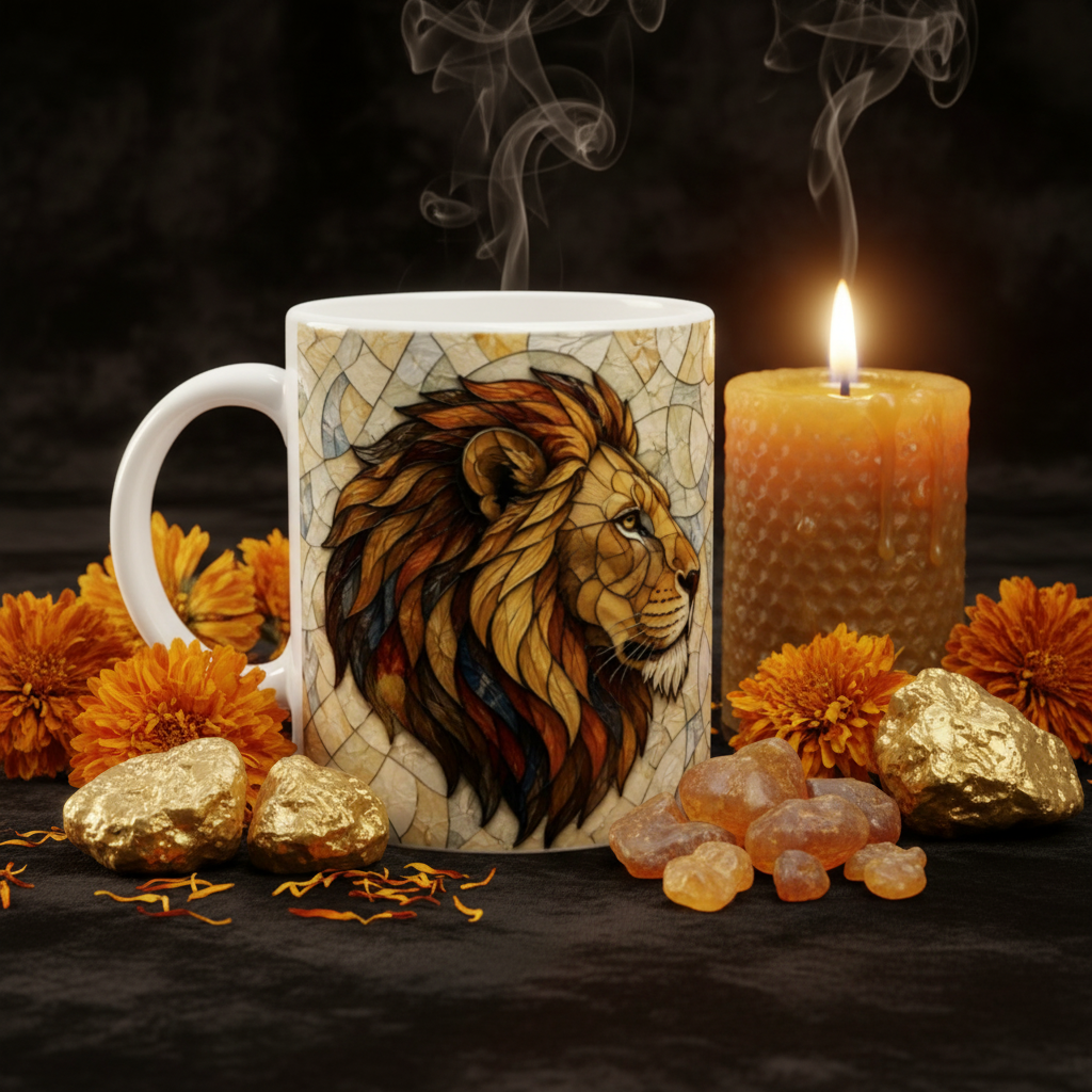 Flat lay luxe doré mug lion vitrail