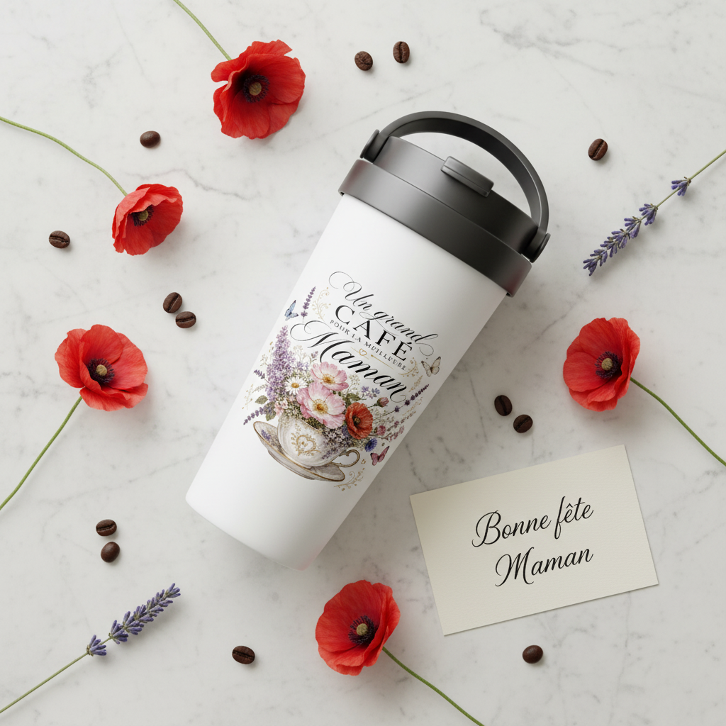 Gobelet thermos blanc, couvercle noir, illustration florale « Un grand Café Maman ».