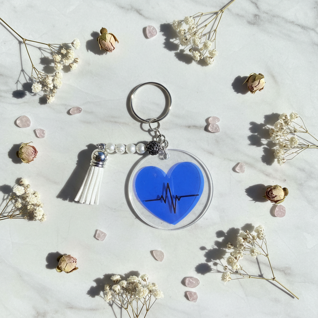 Porte-clés cœur bleu irisé ECG, pompon blanc, perles et pendentif transparent.