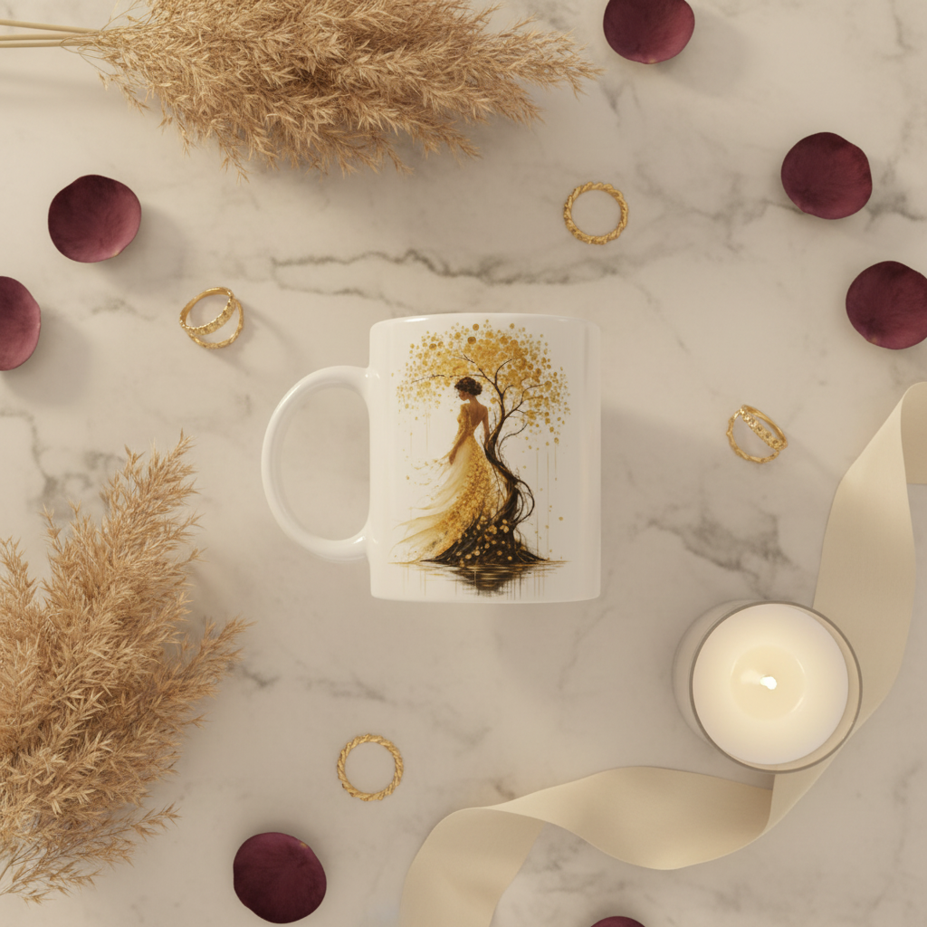 Mug blanc avec illustration dorée d’un arbre et d’une femme