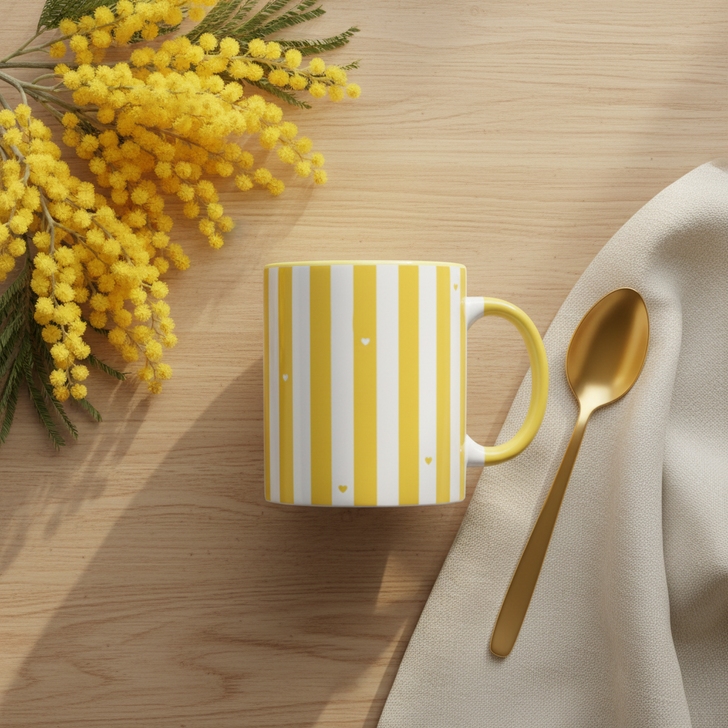 Flat lay mimosas et mug rayures