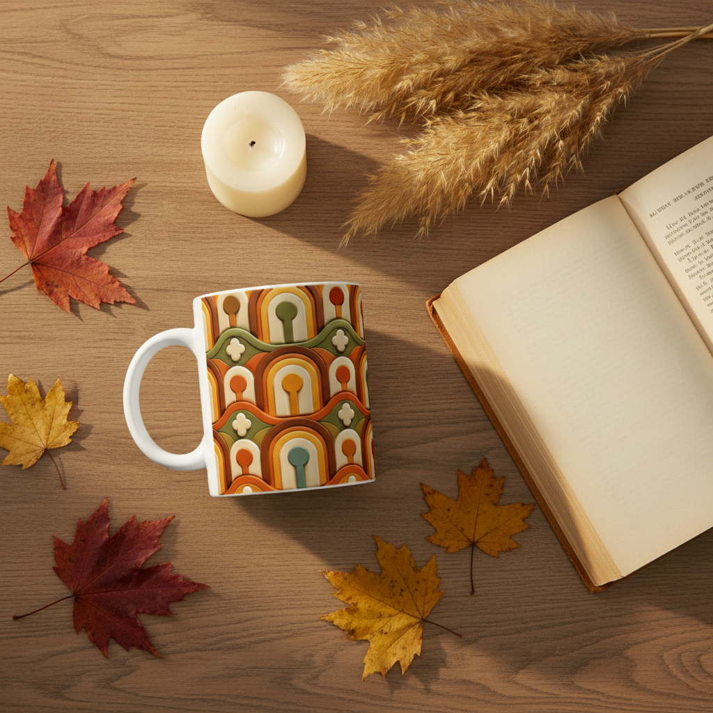 Flat lay mug 3D rétro arches pampa bougie bois