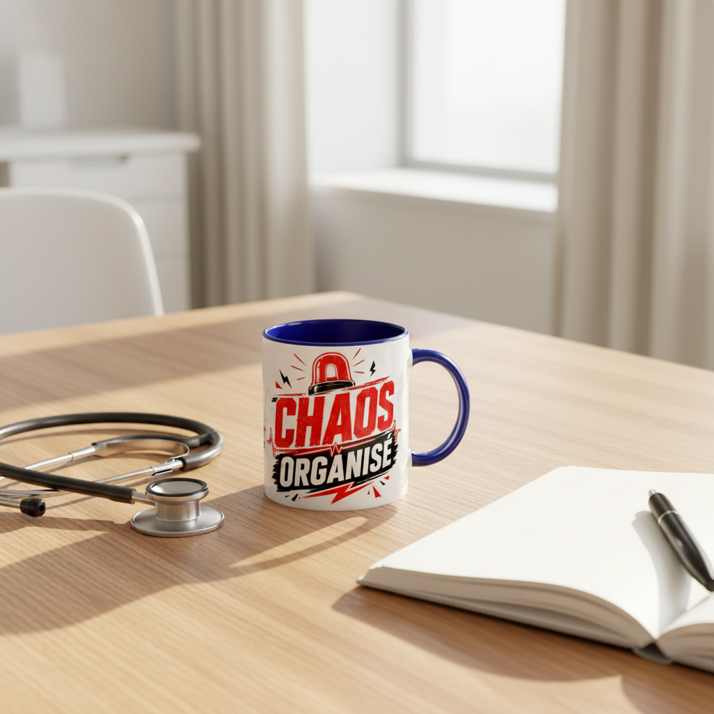Flat lay mug Chaos Organisé avec stéthoscope