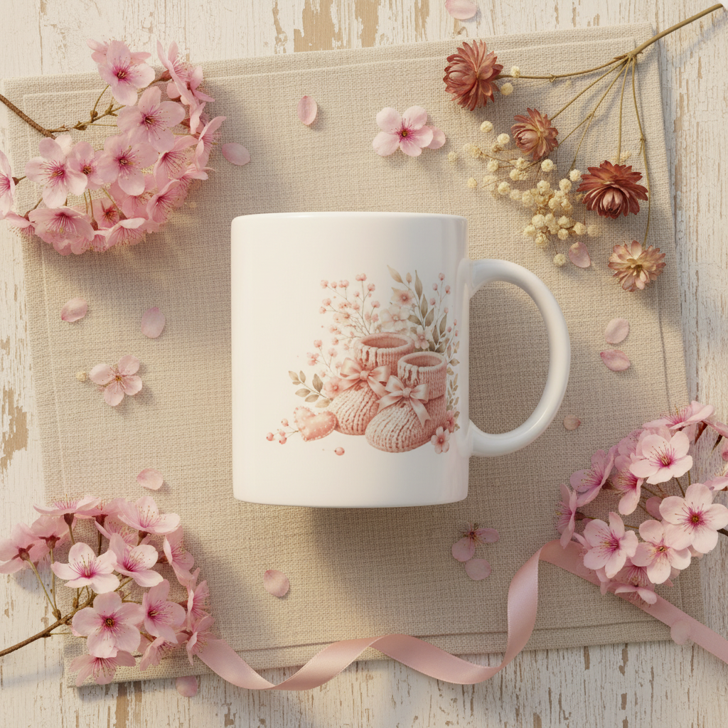 Flat lay mug chaussons roses