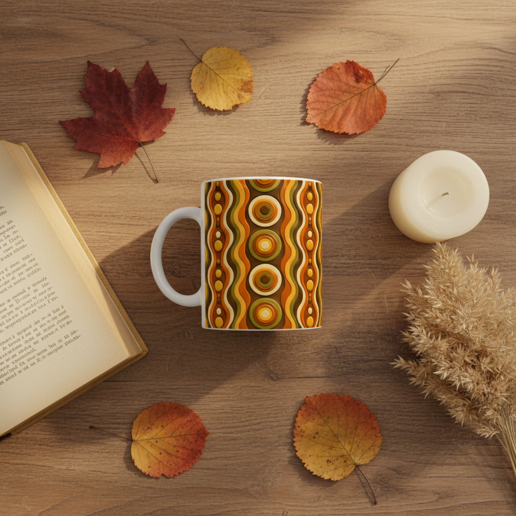Flat lay mug groovy 3D cercles pampa bougie bois