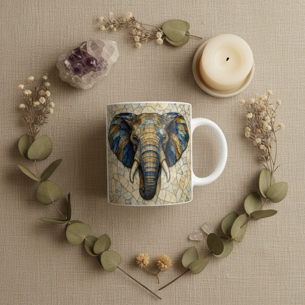 Flat lay mug éléphant mosaïque