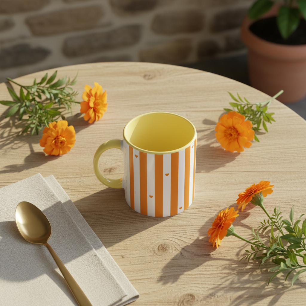 Flat lay mug orange blanc fleurs souci table bois