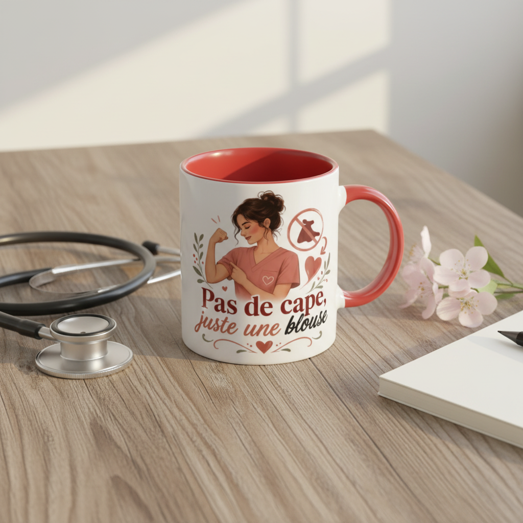 Flat lay mug Pas de cape anse rouge stéthoscope