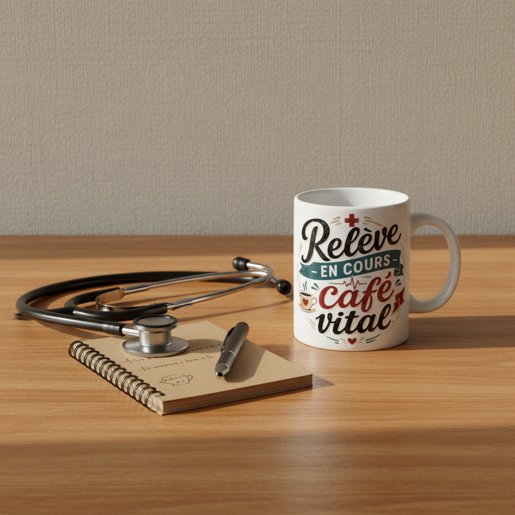 Mug blanc « Relève en cours café vital » sur table en bois, anses et texte imprimés.