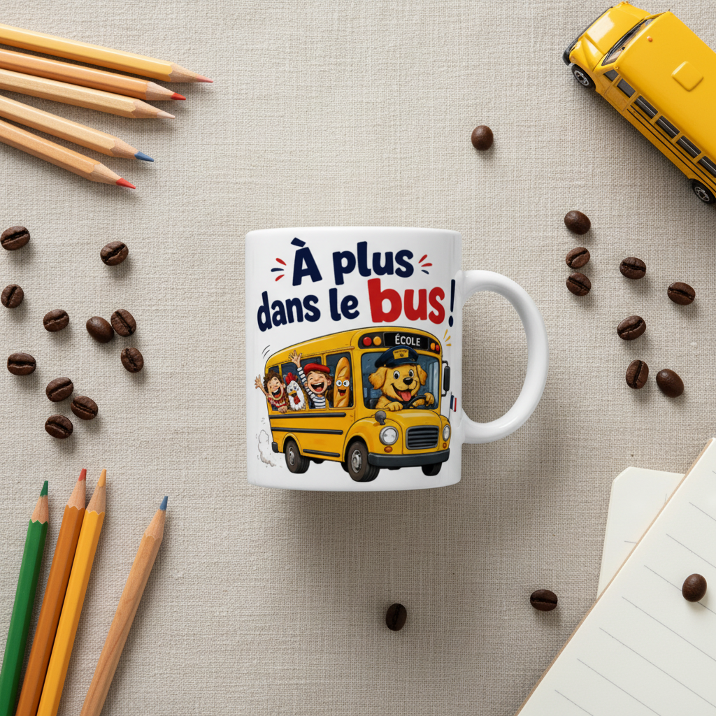 Mug blanc avec illustration « À plus dans le bus ! » et bus jaune « ÉCOLE ».
