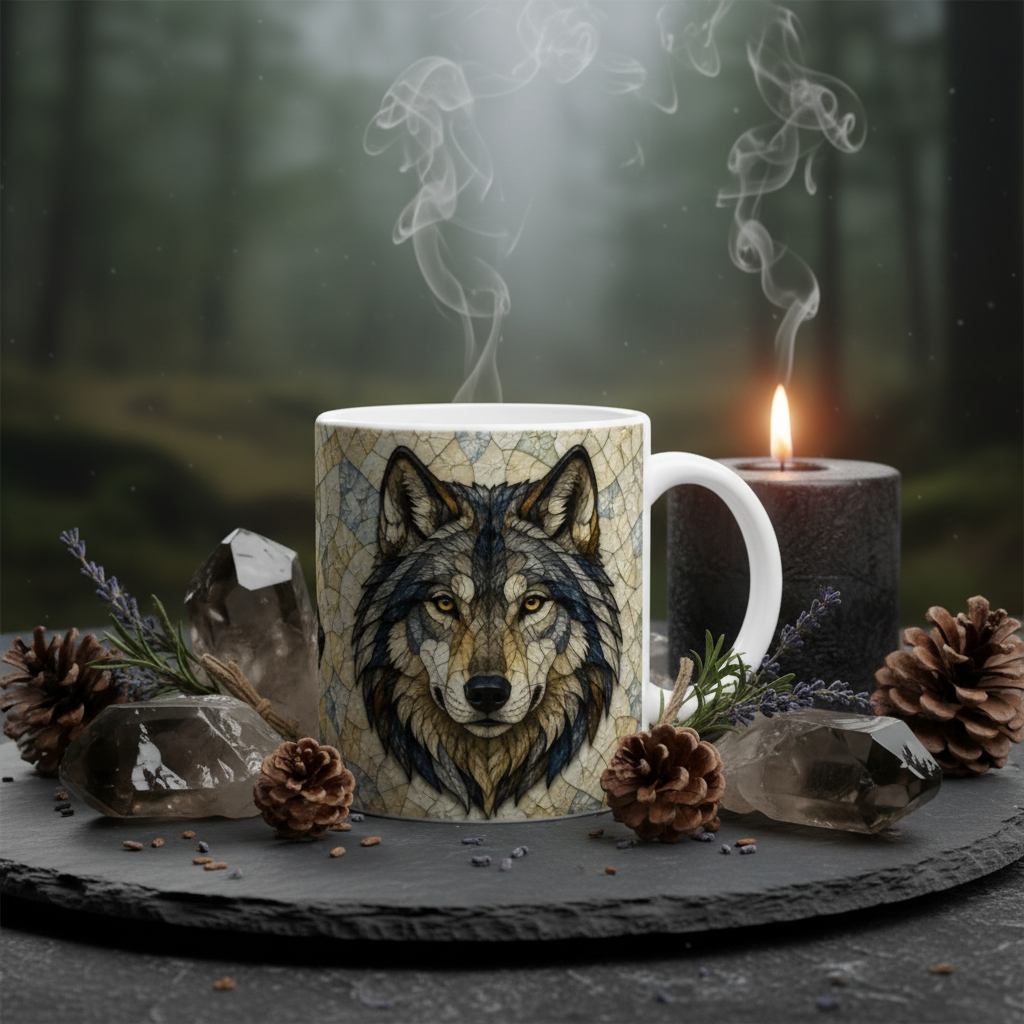 Flat lay mystique mug loup vitrail