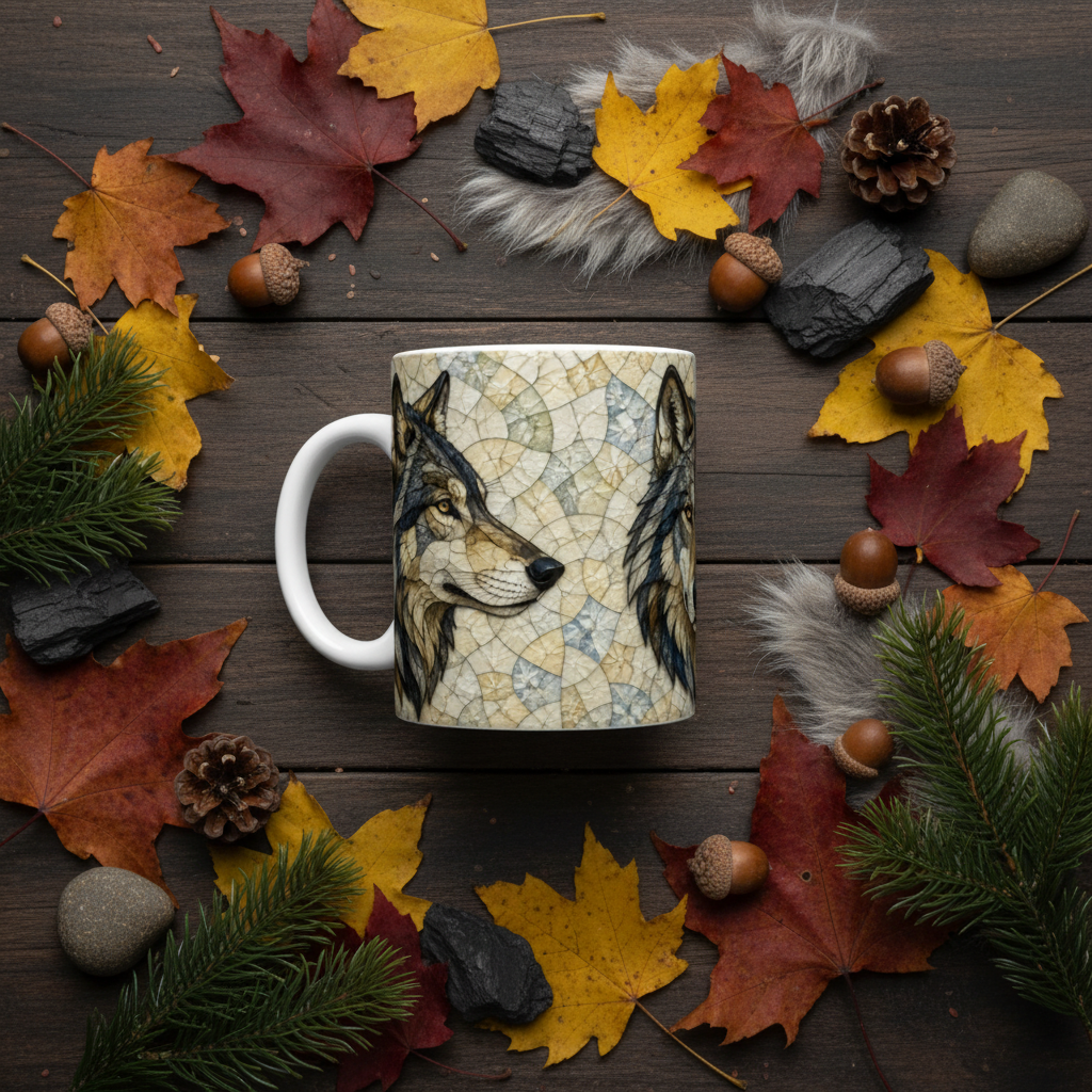 Flat lay nature mug loup vitrail
