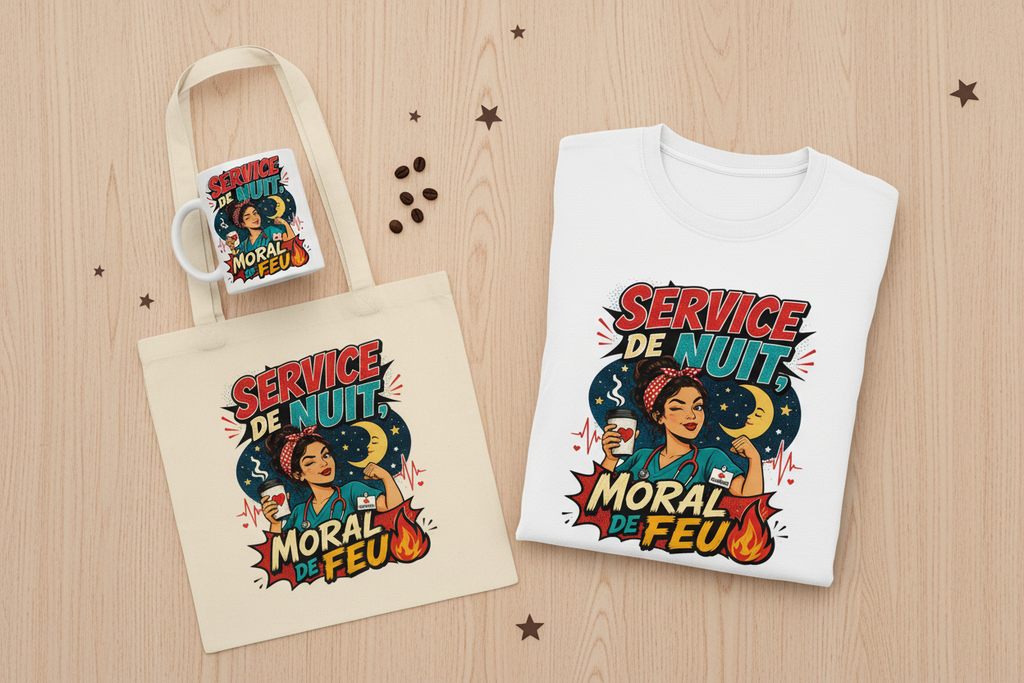 Tote bag en toile crème et t-shirt blanc, visuel « Service de Nuit Moral de Feu »