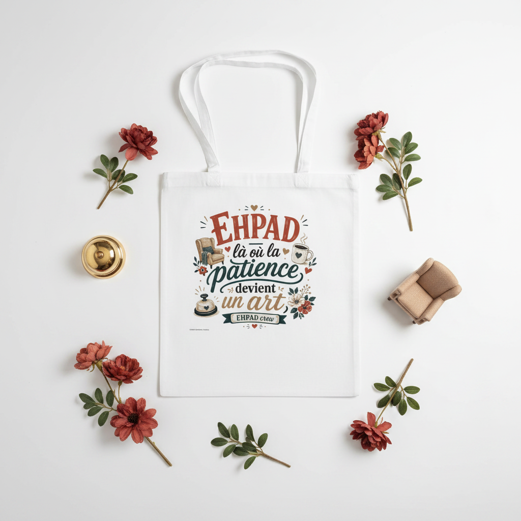Tote bag blanc à plat, anses droites, motif EHPAD « la patience devient un art »