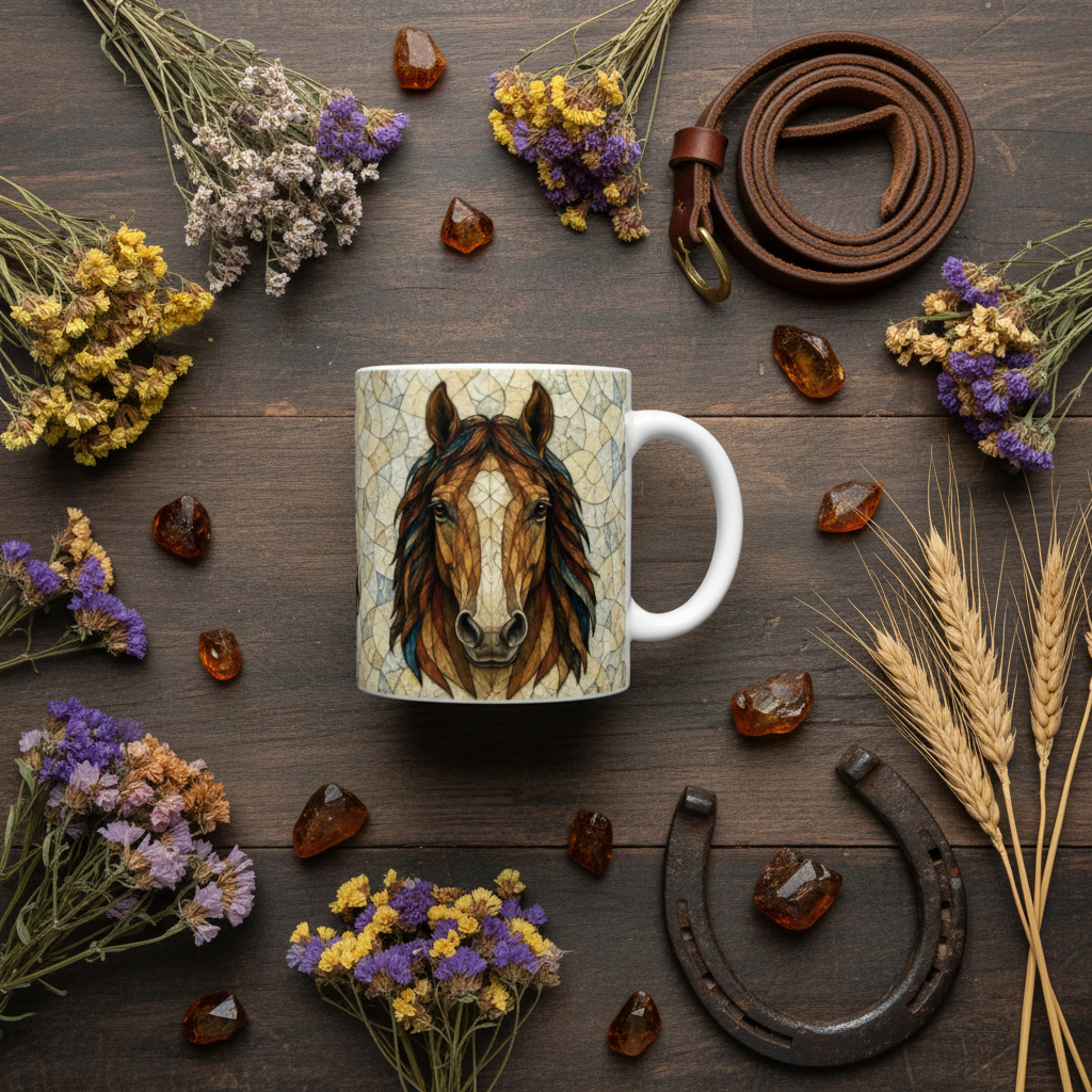 Flat lay équestre mug cheval de face