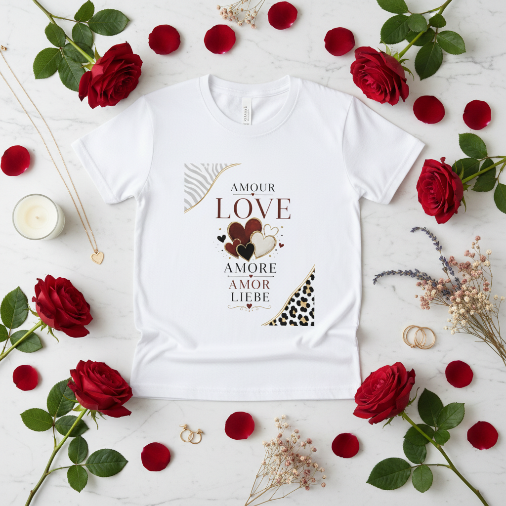 T-shirt femme blanc à manches courtes, imprimé “AMOUR LOVE AMORE AMOR LIEBE”.