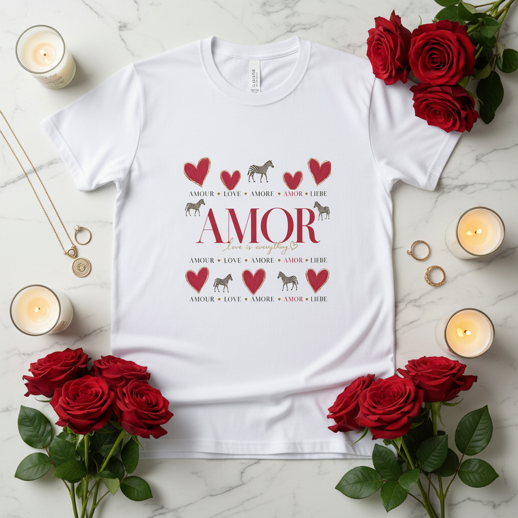 T-shirt blanc à imprimé « AMOR », cœurs rouges et motifs zèbres