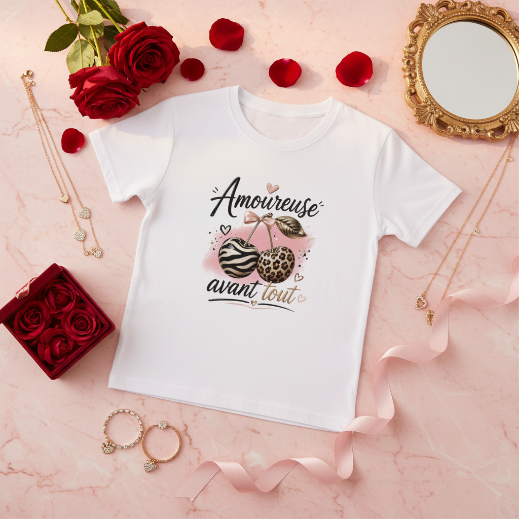 T-shirt femme blanc à manches courtes, imprimé cœur « Amoureuse avant tout »