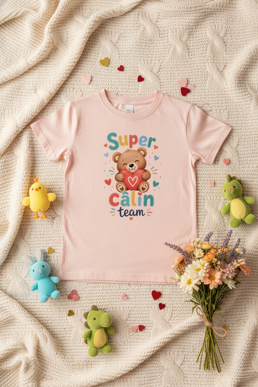 Flat lay rose clair Super Câlin Team confettis cœur