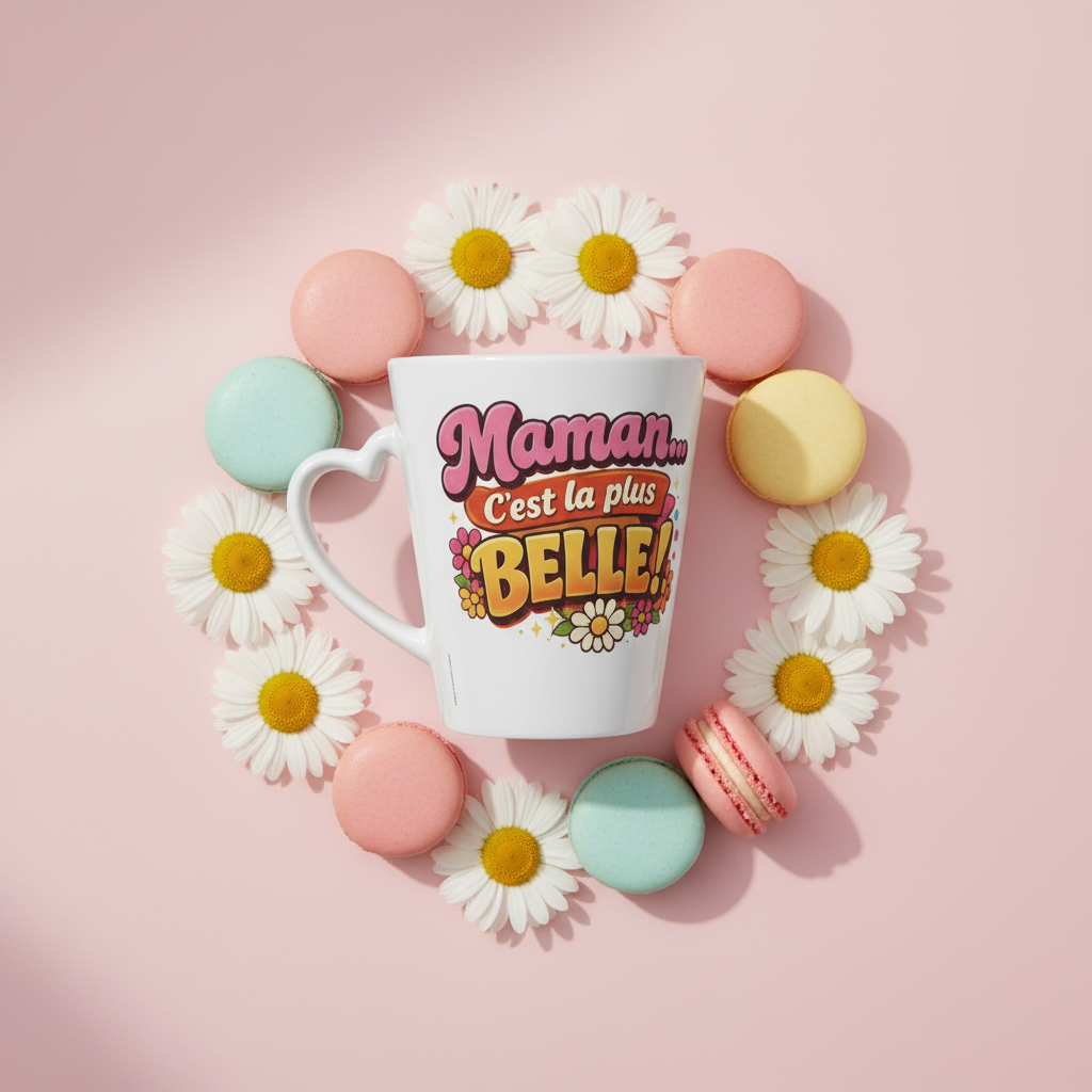 Mug en céramique blanc avec anse courbe et motif « Maman… c’est la plus belle »