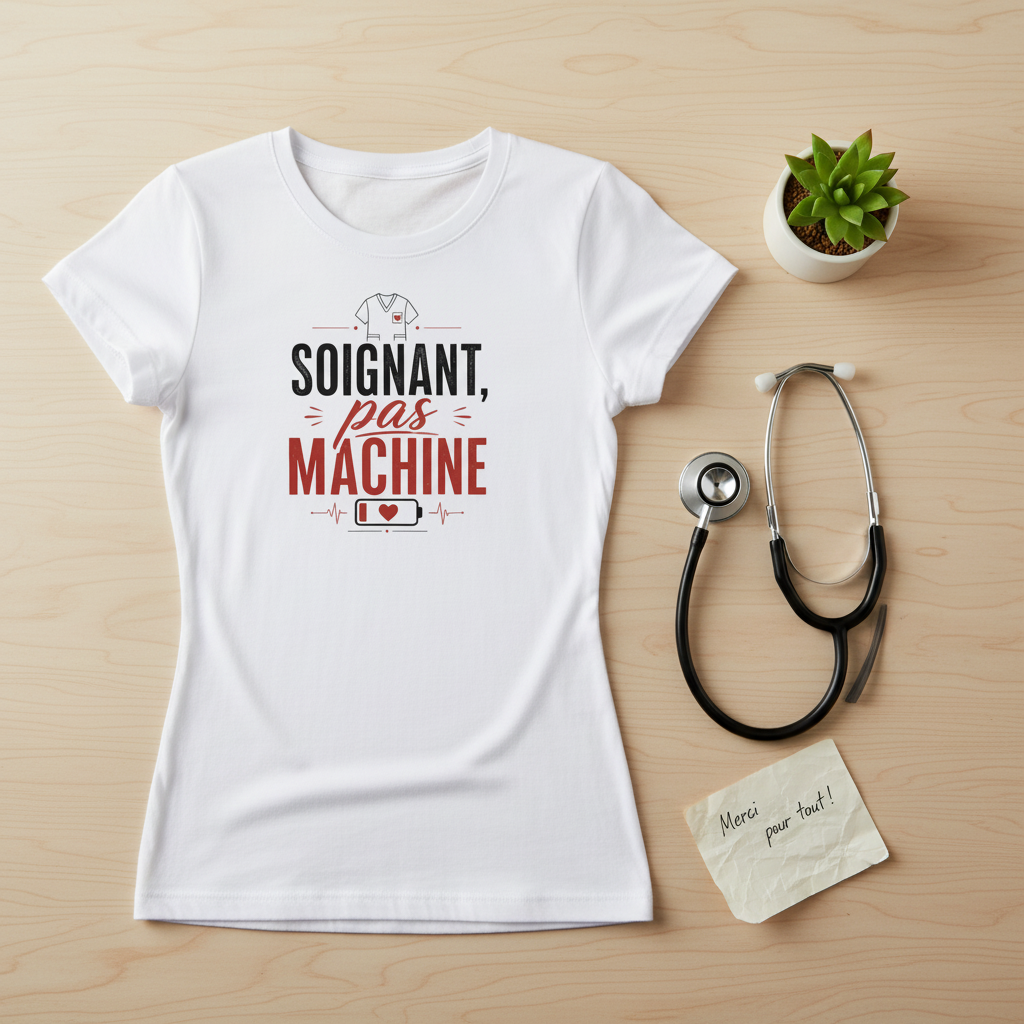 T-shirt blanc à manches courtes, imprimé « Soignant pas machine »