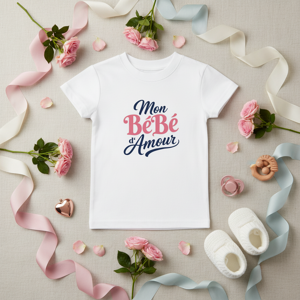 Flat lay t-shirt blanc avec roses roses et accessoires bébé