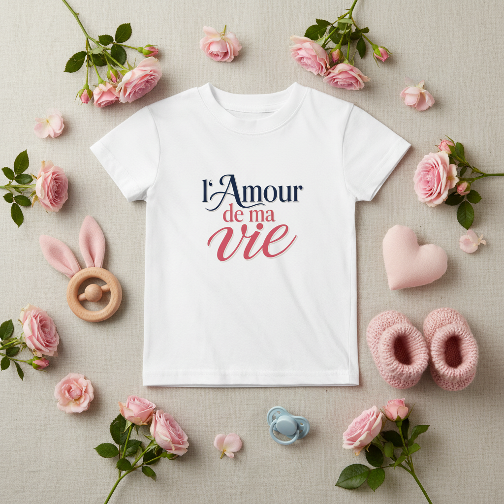 Flat lay t-shirt blanc avec roses roses et accessoires pastel