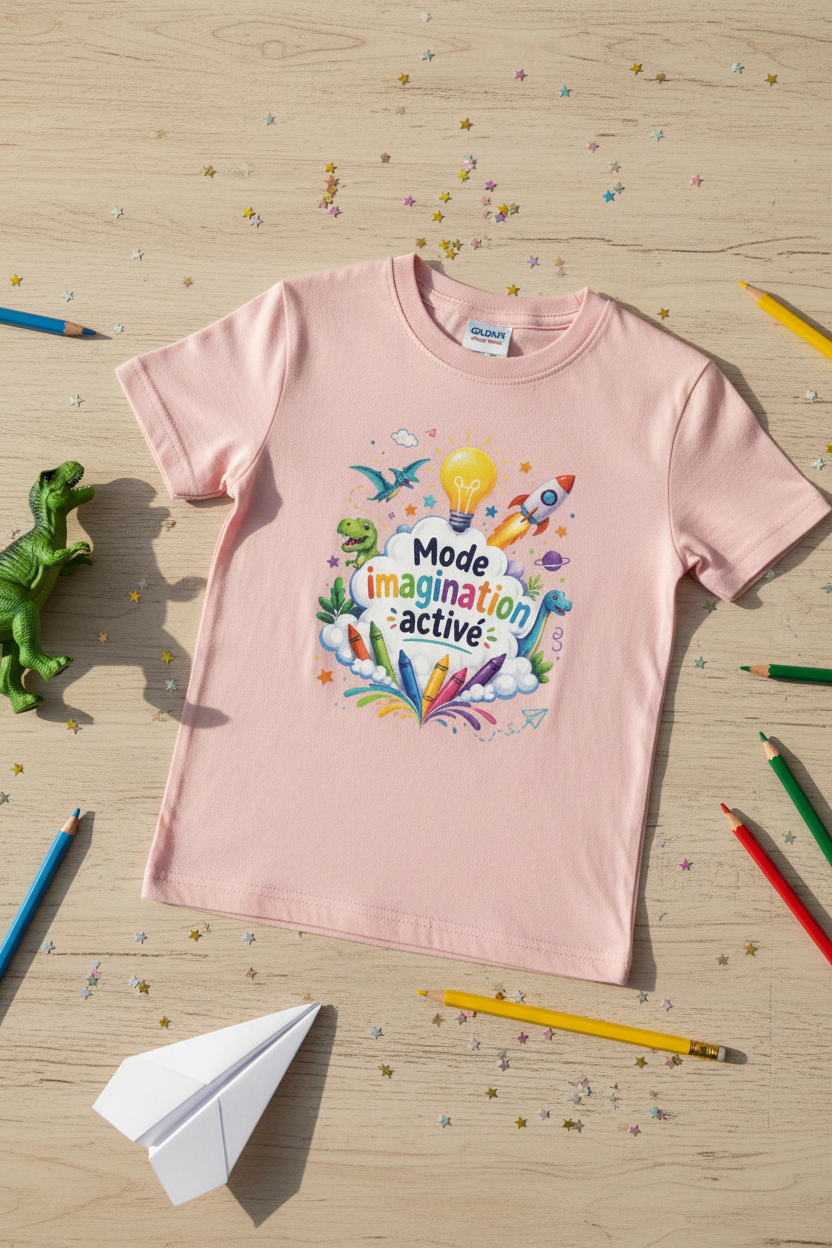 Flat lay t-shirt rose clair avec crayons et dinosaure
