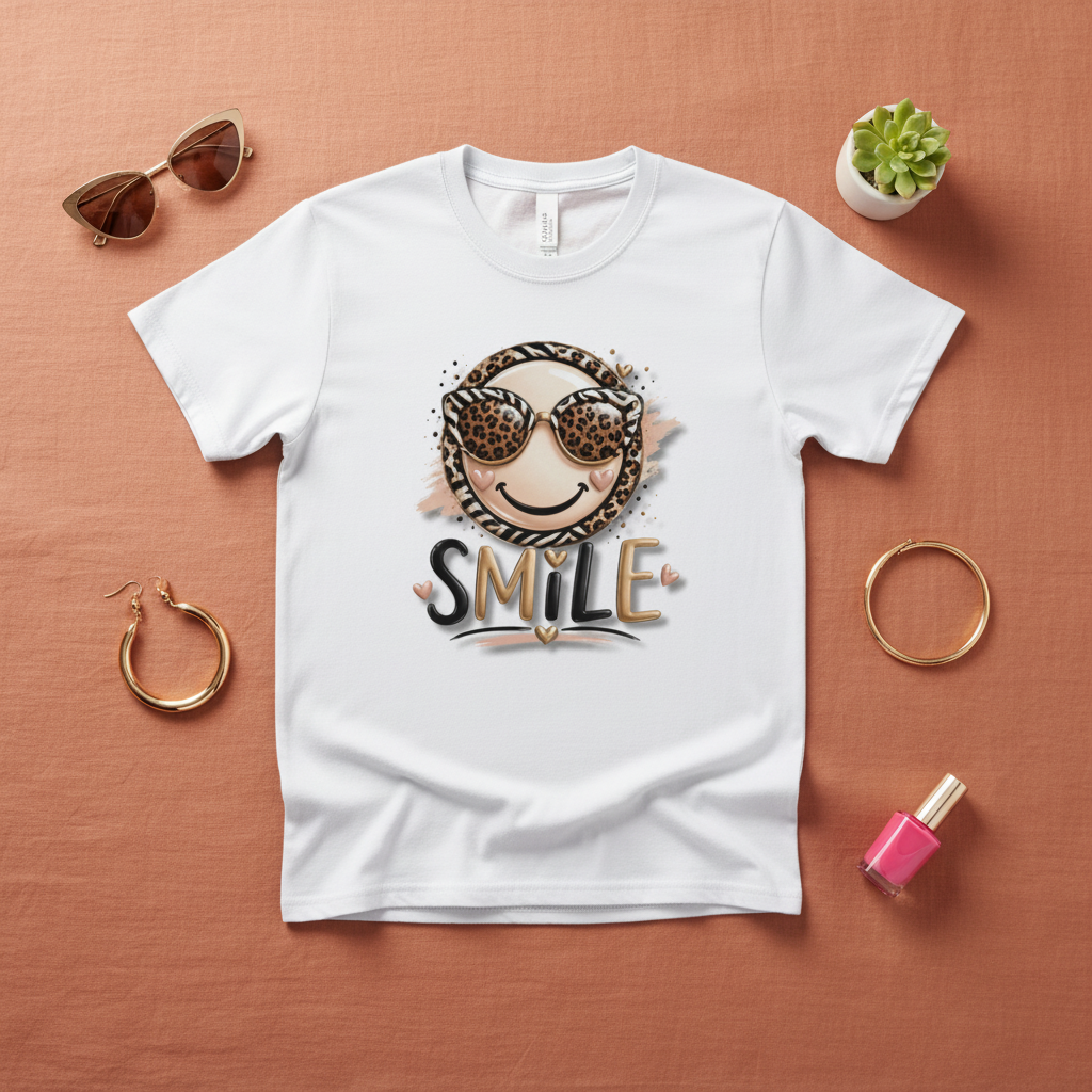 T-shirt enfant ou femme blanc à imprimé smile aux lunettes léopard et texte « SMILE »