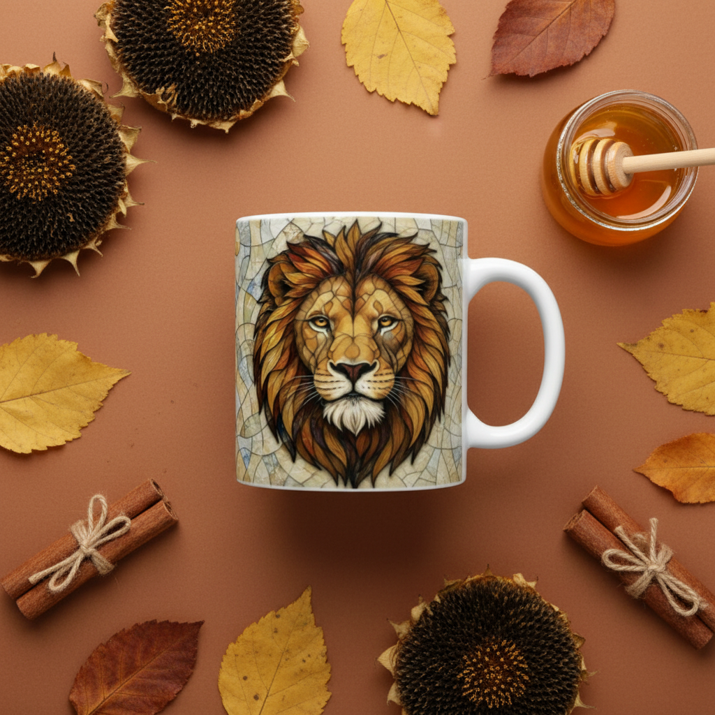 Flat lay terracotta mug lion de face anse droite